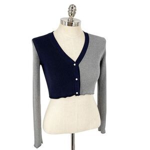 Peter Som Size Small Ribbed Cropped Color Block‎ Cardigan Navy & Gray